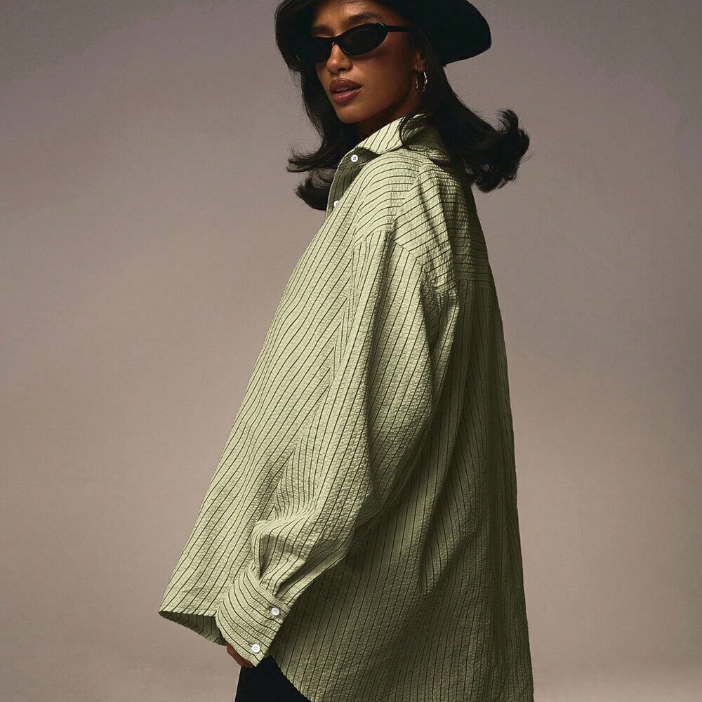 Green Casual Womens Long Sleeve Striped Front Button Blouse - Picture 2 of 5